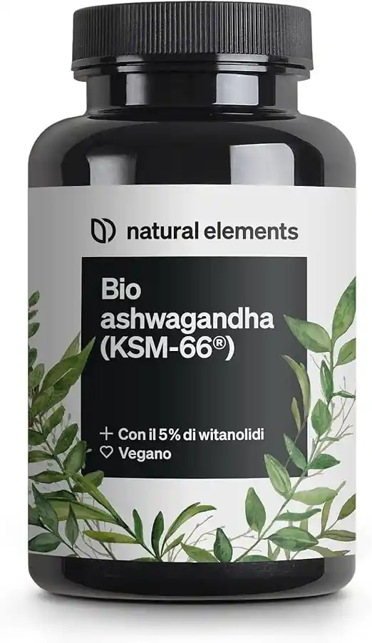 Confezione di Bio Ashwagandha KSM-66 alto dosaggio 180 capsule Natural Elements con estratto di radice al 5% di witanolidi