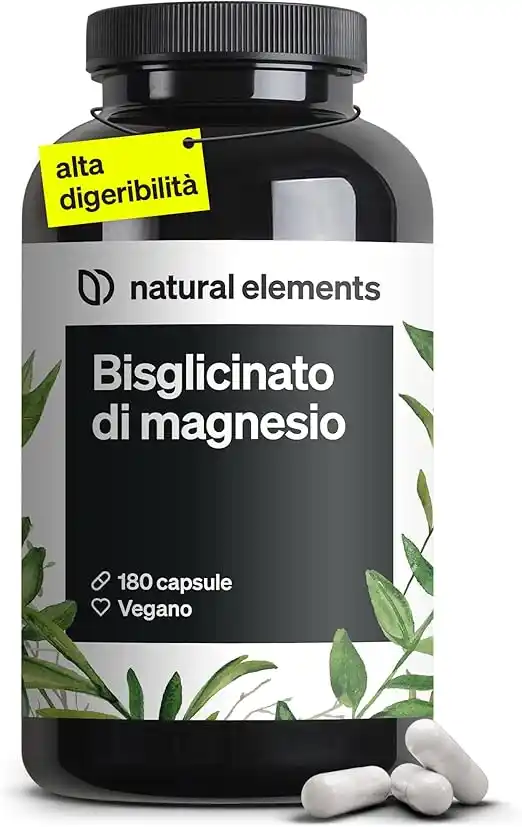 Confezione di Magnesio Bisglicinato di Natural Elements con 180 capsule da 300 mg di magnesio elementare per dose giornaliera, magnesio chelato vegano ad alto assorbimento